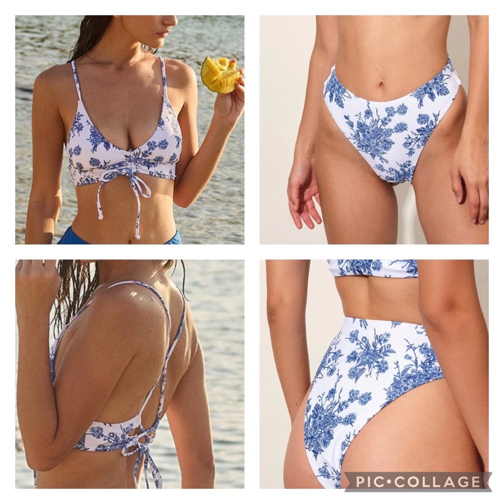 BERLOOK Floral Bikini Bottom & Bikini Top, M
